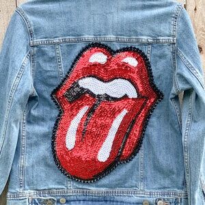 Red Sequin Rock and Roll Rolling Stones Tongue with Black Spikes Jean Jacket